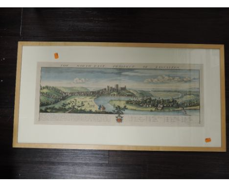 A print, after Buck, The North East Prospect of Lancaster, dated 1728, later coloured, 27 x 72cm, plus frame and glazed
Condi