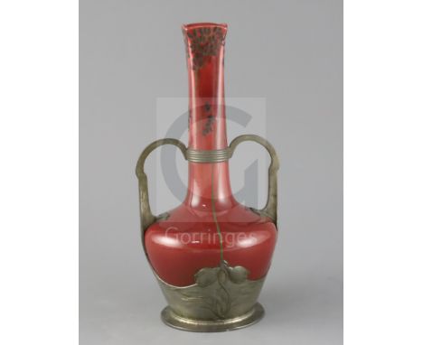 An Orivit Art Nouveau pewter-mounted flambe bottle vase, c.1900, the pottery body possibly by Zsolnay painted with flower bud