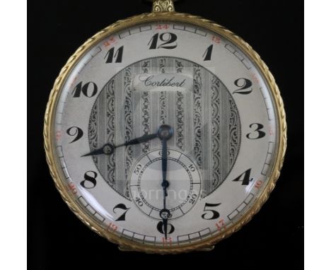 An engine turned 14ct gold Cortebert keyless open face dress pocket watch, with Arabic dial, blued steel hands and subsidiary