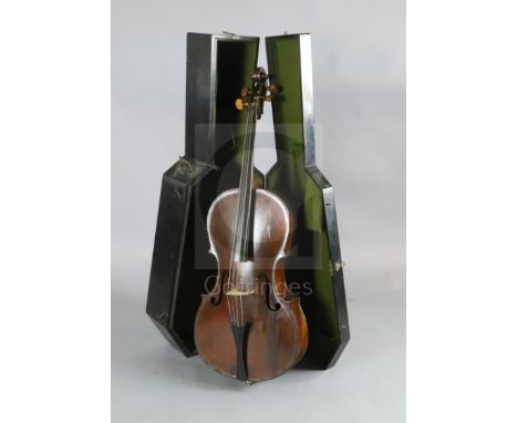 An 18th century cello, labelled 'Jacobus Stainer in absam prope oe nipontum 1660', in a W. E. Hill &amp; Sons ebonised wood c