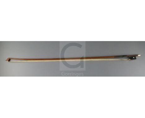 A German gold mounted violin bow, 19th century, with rounded stick, gold and mother-of-pearl mounted frog and gold adjuster, 