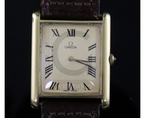 A gentleman's early 1970's 18ct gold Omega manual wind dress wrist watch, with rectangular Roman dial and cabochon set windin