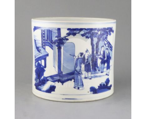 A good large Chinese blue and white brush pot, bitong, Kangxi period, c.1700-15, finely painted with a scholar painting a scr