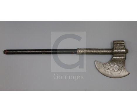 A Sikh silver foiled steel axe head, Tabarzin - Punjab early 19th century, decorated with stylised floral motifs, with later 