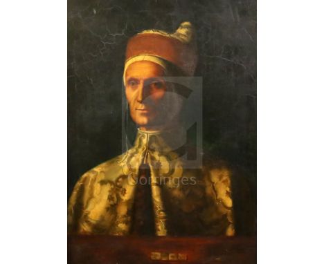 After Giovanni Bellini (1428-1516)oil on canvasPortrait of Doge Leonardo Loredanlabel verso dating to pre 184624 x 17in., Flo