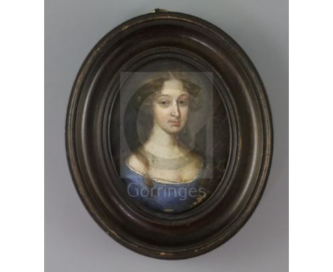 18th century English Schooloil on wooden panelMiniature portrait of Sarah Churchill, Duchess of Marlborough3 x 2.25in.