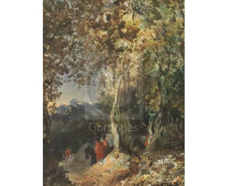 Attributed to Jean-Baptiste-Camille Corot (1796-1875)oil on mahogany panelSketch for Cavalier dans en Chemin Creux, c.187010 