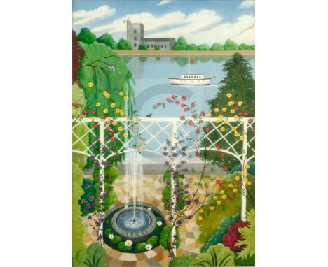 Ula Paine (1909-2001)oil on canvas'A Garden by the River'signed, label verso36 x 24in.
