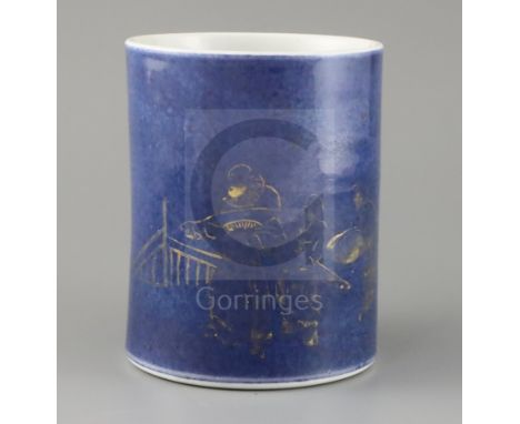 A Chinese gilt-decorated powder blue brush pot bitong, Kangxi period, decorated with figures in a garden, H.15.2cm, repairs