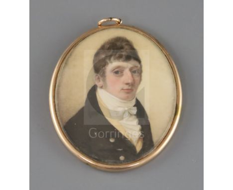 English School c.1800oil on ivoryMiniature portrait of a gentleman wearing a brown coat2.75 x 2.25in.