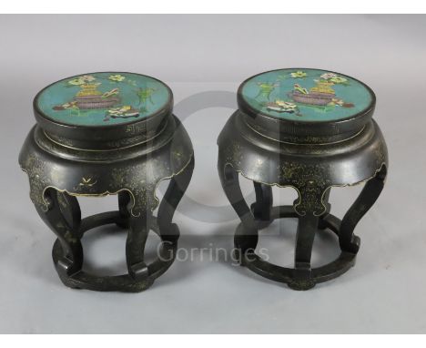 A pair of Chinese gilt-decorated black lacquer and cloisonne enamel mounted jardiniere stands, 20th century, each top decorat