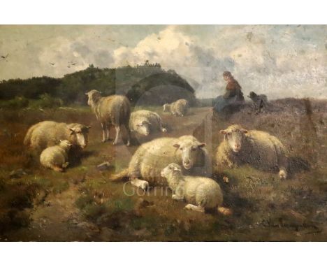 Cornelius Van Leemputten (1841-1902)oil on mahogany panelShepherdess and sheep in pasturesigned and inscribed verso9.5 x 14in