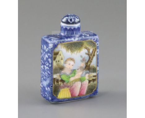 A Chinese enamelled porcelain rectangular snuff bottle, Daoguang mark possibly Republic period, painted with a lady and a chi