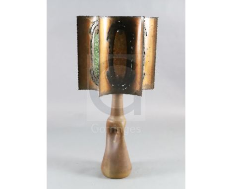 A French Accolay pottery copper and glass shard table lamp, c.1970, with concave hexagonal shade, H.40in. Diam.21in.