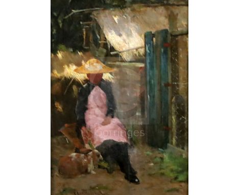 James Coutts Mitchie (1861-1919)oil on boardGarden scene with woman seated beside a rabbitsigned10 x 7in.