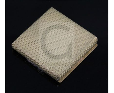 A 1960's engine turned 9ct gold square compact, by Ramsden &amp; Roed, London, 1968, 54mm.