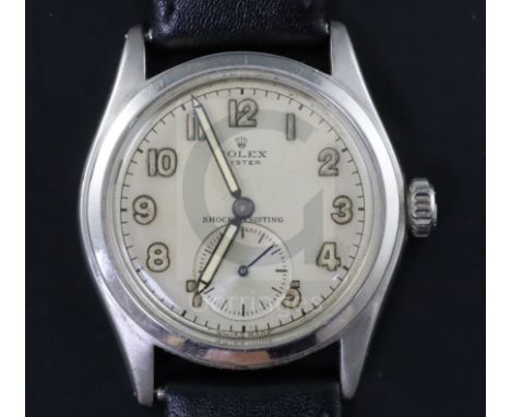 A gentleman's 1940's stainless steel Rolex Oyster shock-resisting manual wind wrist watch, with Arabic dial and subsidiary se