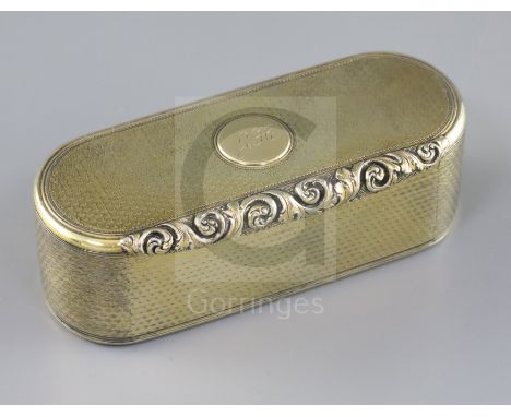 A William IV engine turned silver gilt ovoid snuff box by Benjamin Smith III, with interior engraved inscription, ' Formerly 