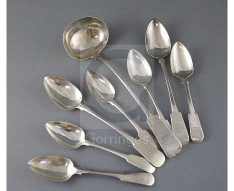 A part suite of early 19th century Scottish provincial silver fiddle pattern flatware, comprising eight items including a sou