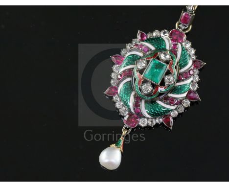 A 19th century gold and silver, emerald, ruby, diamond, two colour enamel and baroque pearl drop oval pendant, the central co