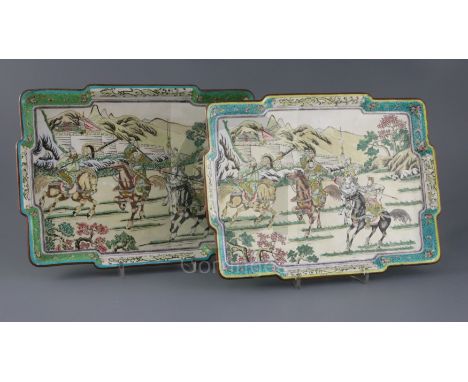 A near pair of Canton enamel shaped rectangular dishes, Republic period, each finely painted with battle scenes outside a cit