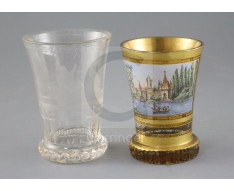 Two Bohemian glass beakers, ranftbechers, c.1840 and 1900, one in clear glass engraved with individual figures of the three '