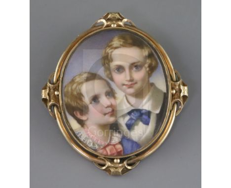 Victorian Schooloil on ivoryMiniature portrait of two boys2.5 x 2in., hair back frame