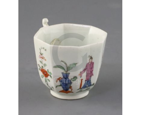 An early Worcester octagonal coffee cup, c.1753, of rare large size, applied with a double C-scroll handle, painted in enamel