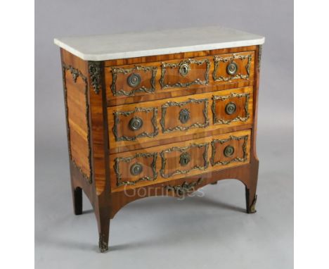 A 19th century French Louis XVI style ormolu mounted kingwood commode, with white marble top and three long drawers, on squar