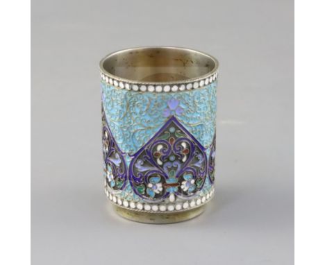 A late 19th century Russian 84 zolotnik silver and cloisonne enamel beaker tot, assay master, Anatoly Artsibashov, 1896, with