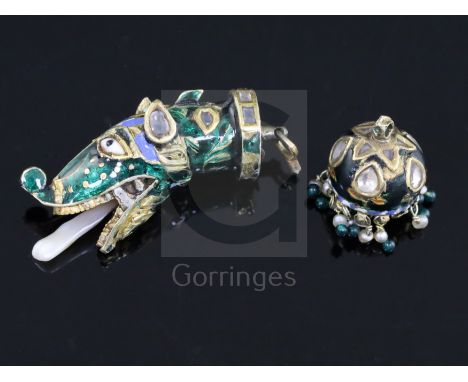 Two antique Indian, gold, enamel and gem set fobs/pendant, one modelled as the head of a dog, with articulating mother of pea