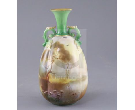 A good Royal Worcester vase, painted with storks by William Powell, c.1905, of lobed ovoid form, shape 153 and 'Hadley Ware',