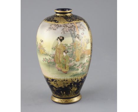 A Japanese Satsuma pottery ovoid vase, by Kozan, Meiji period, finely painted with bijin in a garden, the reverse with birds 