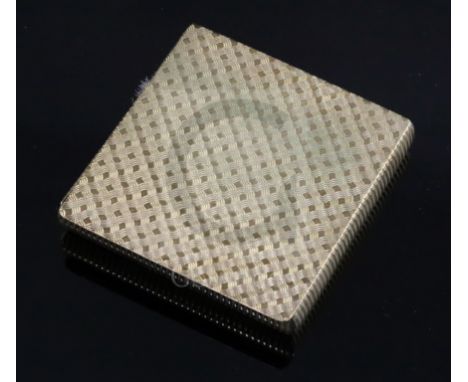 A 1960's engine turned 9ct gold square compact, by Ramsden &amp; Roed, with ribbed sides, London, 1968, 57mm.