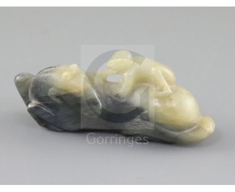 A Chinese pale celadon and grey jade group of a horse with a monkey on its back, 18th / 19th century, L.8.6cm