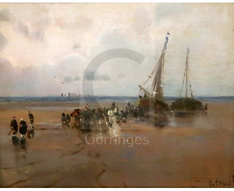 George Charles Haite (1855-1924)oil on wooden panelFisherfolk unloading boats at low tidesigned and dated '8911.5 x 14.5in.