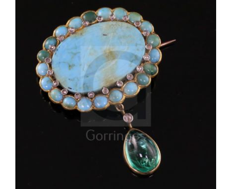 A late Victorian turquoise and rose cut diamond set pendant brooch, with pear shaped cabochon emerald and diamond set drop, t