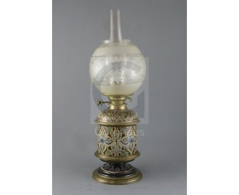 Arthur E. Pearce and John Huskinson for Doulton Lambeth, an incised foliate oil lamp, dated 1879, with brass mounted bands, i