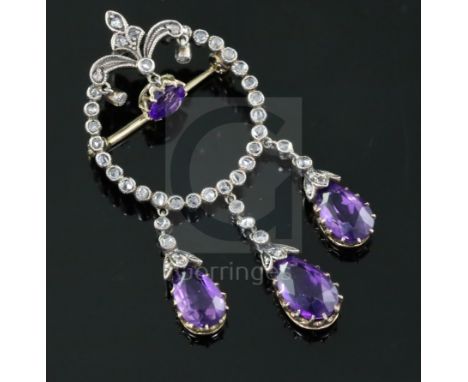 A late Victorian gold and silver, pear and round cut amethyst and rose cut diamond set openwork drop brooch, 46mm.
