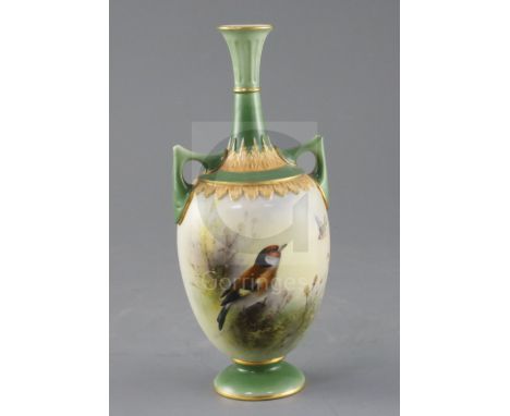 A good Royal Worcester small vase painted with a goldfinch by Ernest Barker, c.1911, of ovoid long-necked form, shape 1913 an