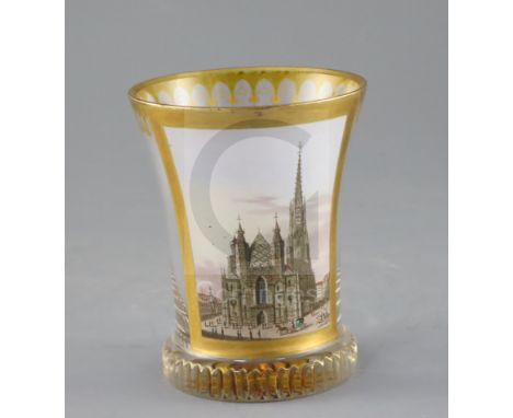 An Austro-Hungarian enamelled topographical glass beaker, ranftbecher, in the manner of Anton Kothgasser, c.1820-30, the fron