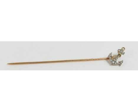 A stick pin set with an anchor to the top, the anchor set with rose cut diamonds, possibly naval in origin, the anchor approx