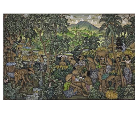 A BALINESE BATUAN SCHOOL OIL PAINTING
Oil on linen laid down on board, signed 'Wj Warkaria' to lower left. Inscribed verso, '