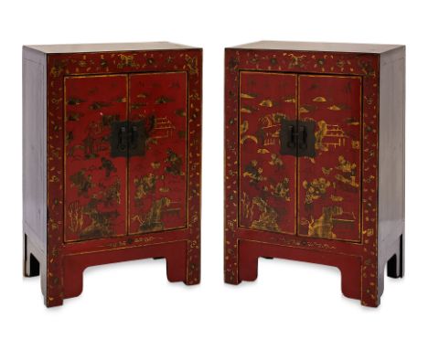 A PAIR OF RED LACQUERED CABINETS
Rectangular black and red cabinets, each with two doors, decorated in gold painted scene of 