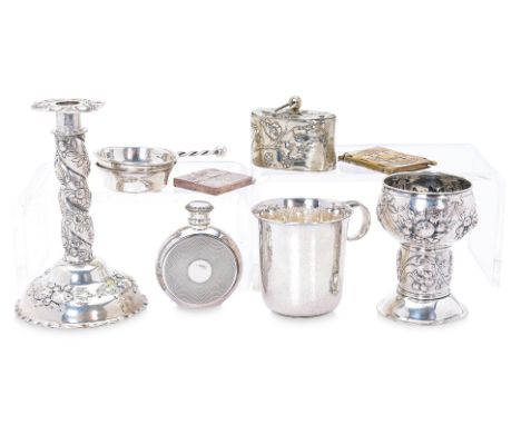 A GROUP OF EUROPEAN SILVER AND OTHER OBJECTS
Comprising: a German silver candlestick, 800 standard, decorated in the 17th Cen