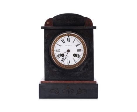 A VICTORIAN BLACK SLATE MANTEL CLOCK RETAILED BY J W BENSON
Late 19th C., white enamel dial with Roman numerals, signed J W B