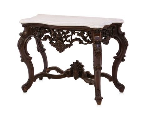 A ROCOCO STYLE MARLE TOPPED CONSOLE TABLE
Serpentine shape with elaborately carved and pierced foliate decoration
90 x 120 x 