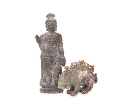 TWO CHINESE STONE CARVINGS
China, Guan Yin together with a neolithic style carved jade lion with inset silver wire
33cm heigh