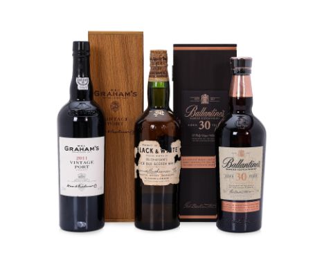 TWO BOTTLES OF SCOTCH WHISKY AND A PORT
Ballantine's aged 30 years Scotch Whisky, (1x700ml)
Black & White, Scotch whisky, cir