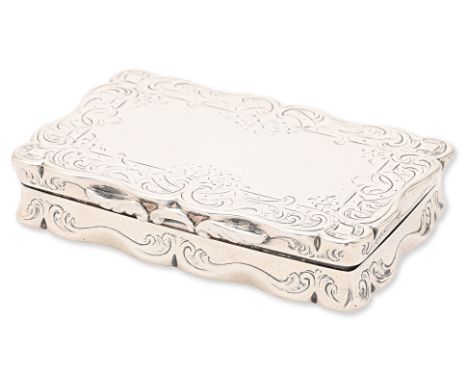 A VICTORIAN SILVER SNUFF BOX George Unite, Birmingham 1872, shaped rectangular with foliate thumb piece and engraved decorati